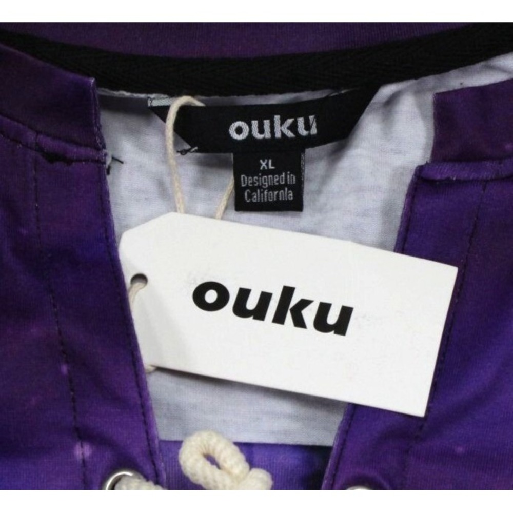 Ouku Women‎ XL Purple Wolf Eagle Galaxy Graphic Lace Up V-Neck T-Shirt New - Picture 2 of 7